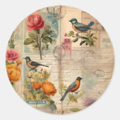 Junk Journal Seite mit Blumen + Vögel -  ラウンドシール (正面)
