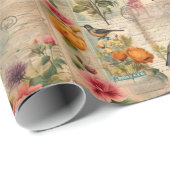 Junk Journal Seite mit Blumen + Vögel - ラッピングペーパー (ロールコーナー)