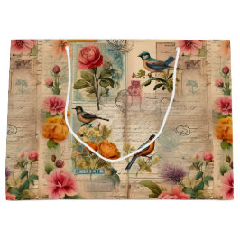 Junk Journal Seite mit Blumen + Vögel -  ラージペーパーバッグ