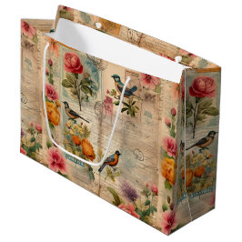Junk Journal Seite mit Blumen + Vögel -  ラージペーパーバッグ