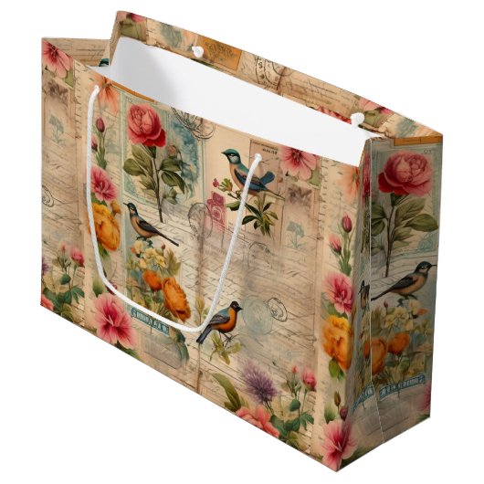 Junk Journal Seite mit Blumen + Vögel -  ラージペーパーバッグ (正面アングル)