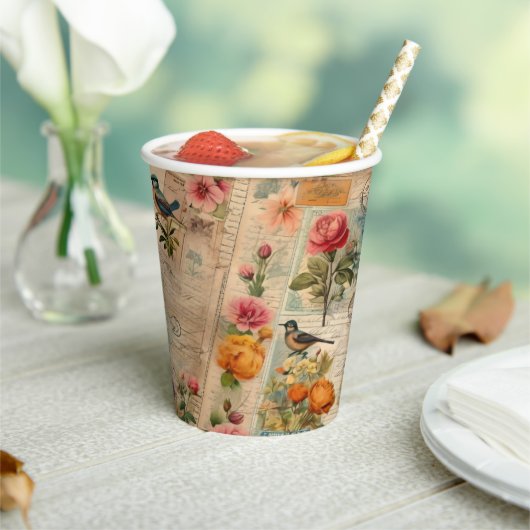 Junk Journal Seite mit Blumen + Vögel -  紙コップ (インサイチュ)