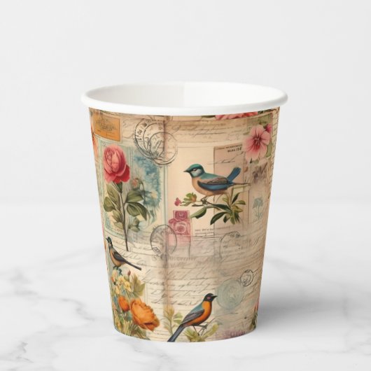 Junk Journal Seite mit Blumen + Vögel -  紙コップ (左)
