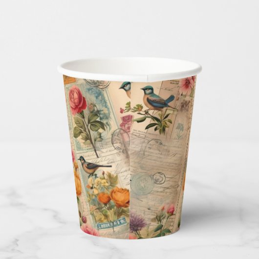 Junk Journal Seite mit Blumen + Vögel -  紙コップ (右)