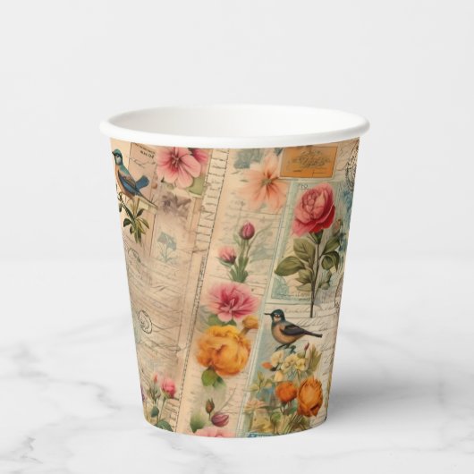 Junk Journal Seite mit Blumen + Vögel -  紙コップ (正面)