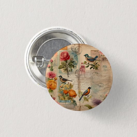 Junk Journal Seite mit Blumen + Vögel -  缶バッジ (正面&裏面)