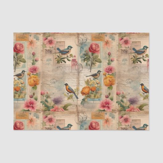 Junk Journal Seite mit Blumen + Vögel -  薄葉紙 (正面)