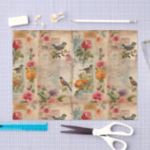 Junk Journal Seite mit Blumen + Vögel -  薄葉紙 (クラフト)
