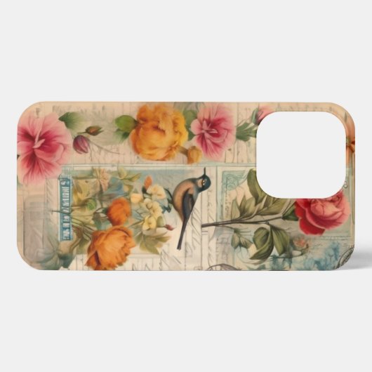 Junk Journal Seite mit Blumen + Vögel - iPhoneケース (裏面横)