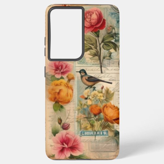 Junk Journal Seite mit Blumen + Vögel -  Samsung Galaxyケース (裏面)