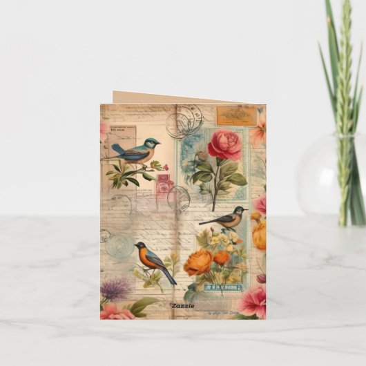 Junk Journal Seite mit Blumen + Vögeln -  カード (裏面)