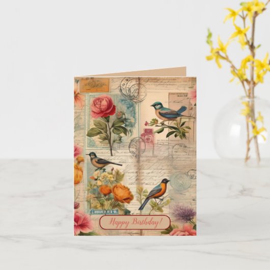 Junk Journal Seite mit Blumen + Vögeln -  カード (黄色い花)