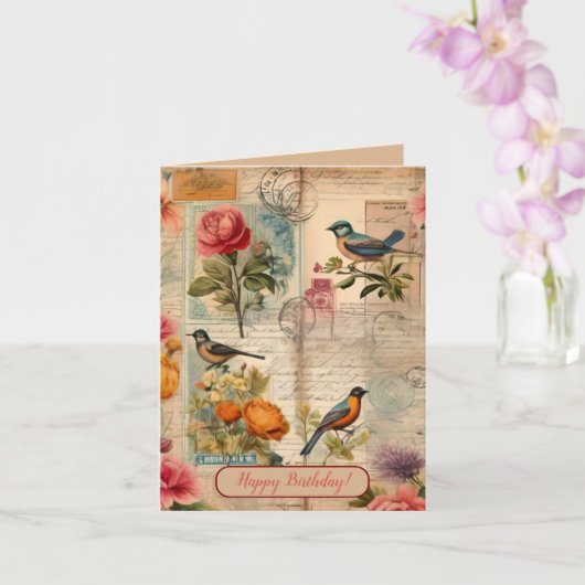 Junk Journal Seite mit Blumen + Vögeln - カード (蘭)