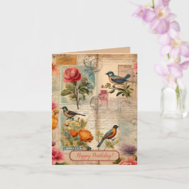 Junk Journal Seite mit Blumen + Vögeln -  カード