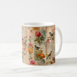 Junk Journal Seite mit Blumen + Vögeln -  コーヒーマグカップ