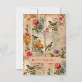Junk Journal Seite mit Blumen + Vögeln -  招待状