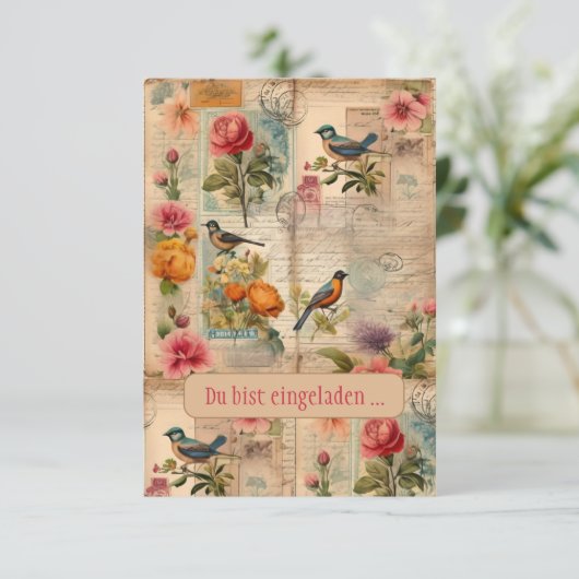 Junk Journal Seite mit Blumen + Vögeln -  招待状 (スタンド正面)
