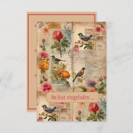 Junk Journal Seite mit Blumen + Vögeln -  招待状 (正面/裏面)