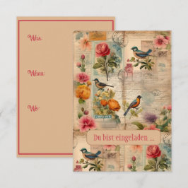 Junk Journal Seite mit Blumen + Vögeln -  招待状