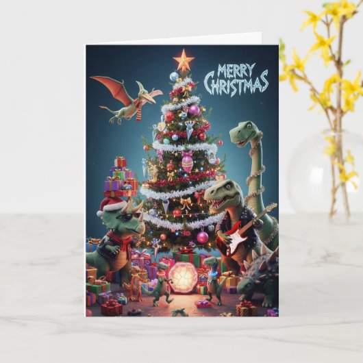 Jurassic Jingle Bell Rock Christmas Dinosaur カード (黄色い花)