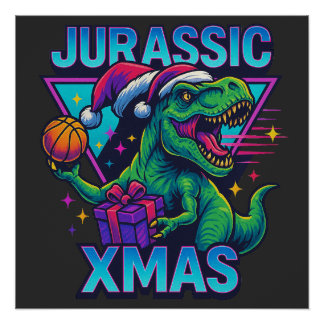 Jurassic Xmas T-Rex - Retro 80s Neon Dinosaur Xmas ポスター