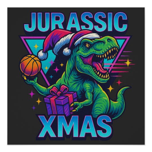 Jurassic Xmas T-Rex - Retro 80s Neon Dinosaur Xmas ポスター (正面)