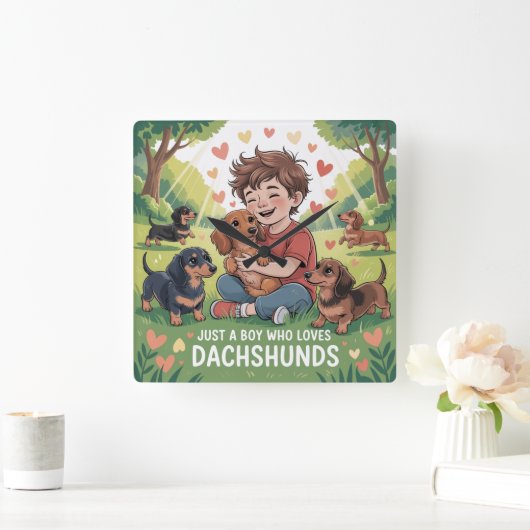 Just A Boy Who Loves Dachshunds スクエア壁時計 (ホーム)