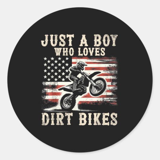 Just A Boy Who Loves Dirt Bikes American Flag Moto ラウンドシール (正面)