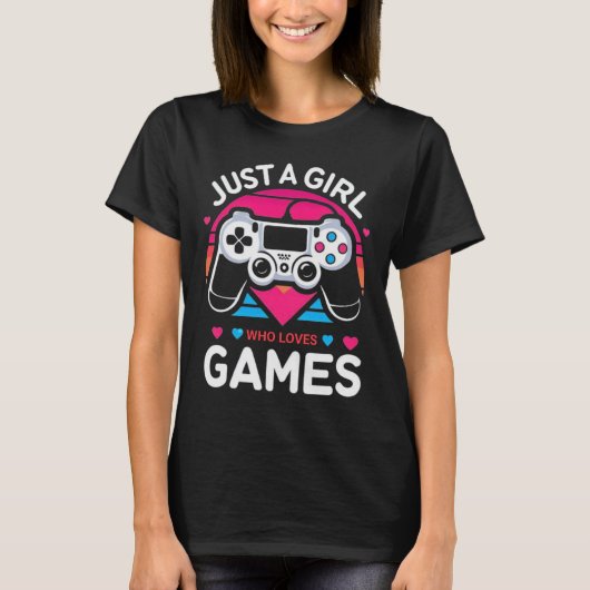 Just A Girl Who Love Games Pink & Blue Retro Gamer Tシャツ (正面)