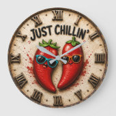 Just Chillin' Funny Chili Pepper Kitchen Humor ラージ壁時計 (正面)