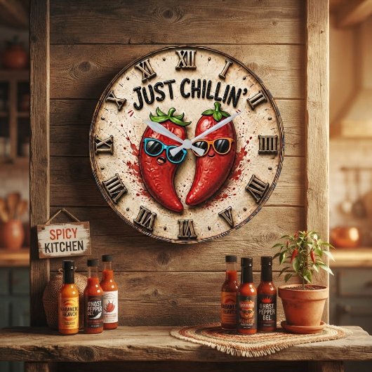 Just Chillin' Funny Chili Pepper Kitchen Humor ラージ壁時計