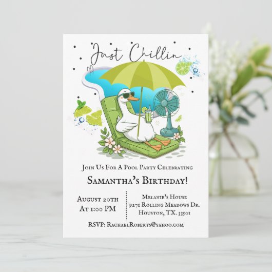 Just Chillin Silly Goose Birthday Pool Party 招待状 (スタンド正面)