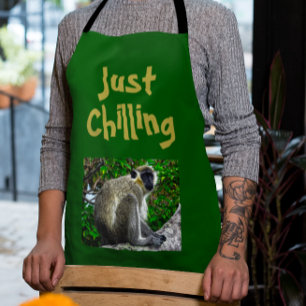 "Just Chilling"緑のサルプリントエプロン エプロン