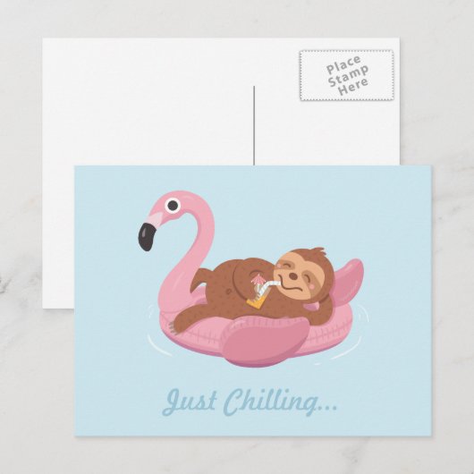 Just Chilling Sloth Pink Flamingo Floatはがき ポストカード (正面/裏面)