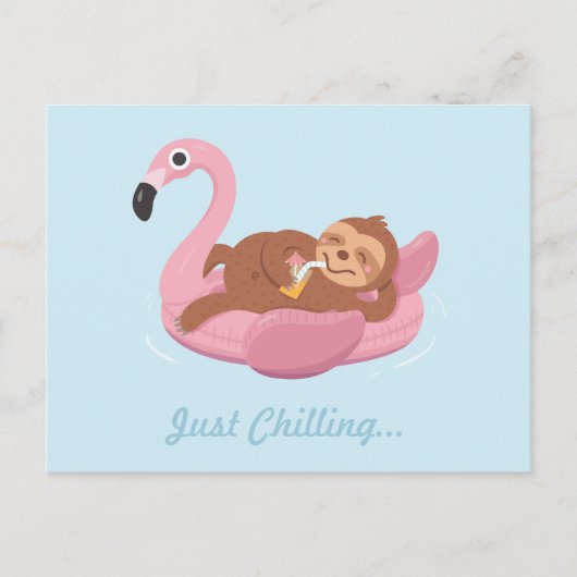 Just Chilling Sloth Pink Flamingo Floatはがき ポストカード (正面)