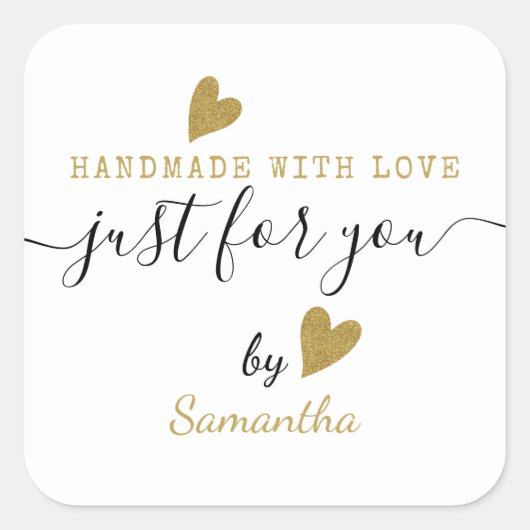 Just For You金ゴールドグリッターハート手作り愛 スクエアシール (正面)