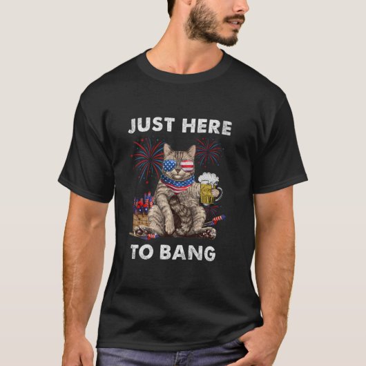 Just Here To Bang USA国旗のおもしろい猫好きビール4t Tシャツ (正面)
