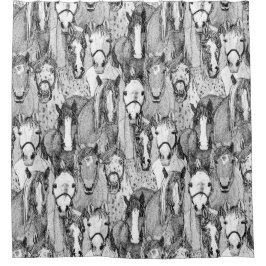 just horses black white シャワーカーテン