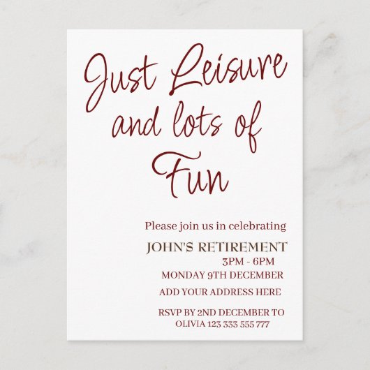 Just Leisureと多くのおもしろいおもしろい退職 ポストカード (正面)