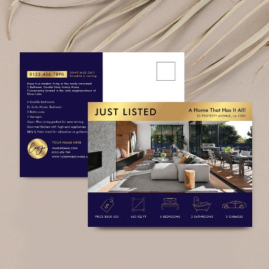 Just Listed Navy & 実在金ゴールド不動産マーケティング ポストカード