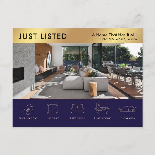 Just Listed Navy & 実在金ゴールド不動産マーケティング ポストカード (正面)