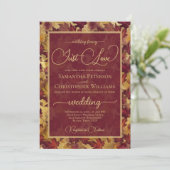 Just Love Burgundy & Gold Autumn Leaves Wedding 招待状 (スタンド正面)