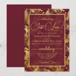 Just Love Burgundy & Gold Autumn Leaves Wedding 招待状