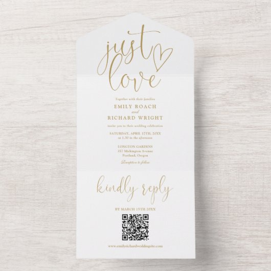 Just Love QR モダン Code Chic金ゴールド結婚 オールインワン招待状 (内側)