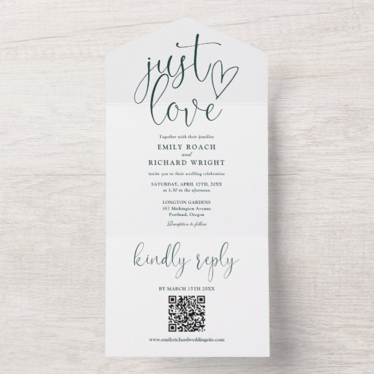 Just Love QR モダン Code Emerald Green結婚's オールインワン招待状 (内側)
