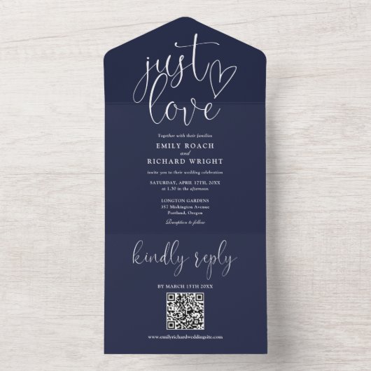 Just Love QR モダン Code Navy Blue 結婚's オールインワン招待状 (内側)