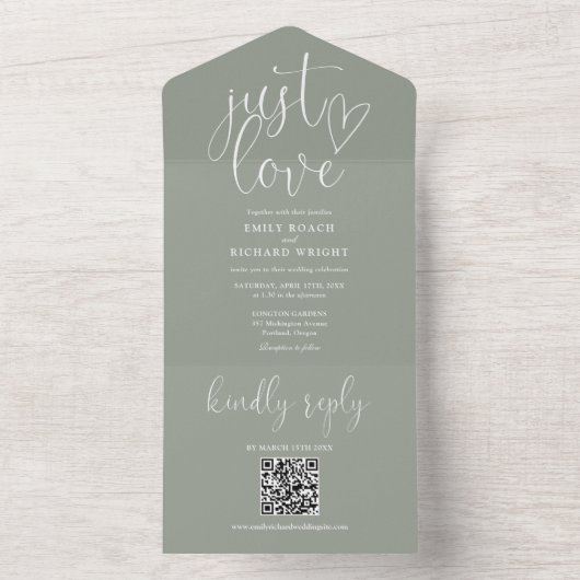 Just Love QR モダン Code Sage Green結婚's オールインワン招待状 (内側)