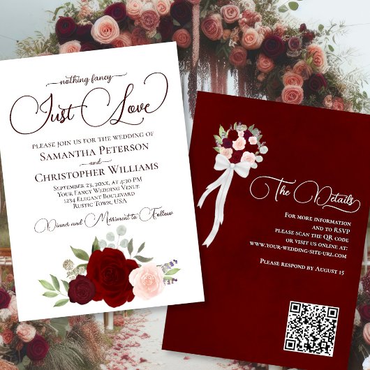 Just Love Red & Pink Roses Boho QR Code 結婚's 招待状