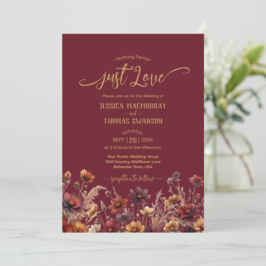 Just Love Rustic Burgundy Boho Wildflowers Wedding 招待状 (スタンド正面)