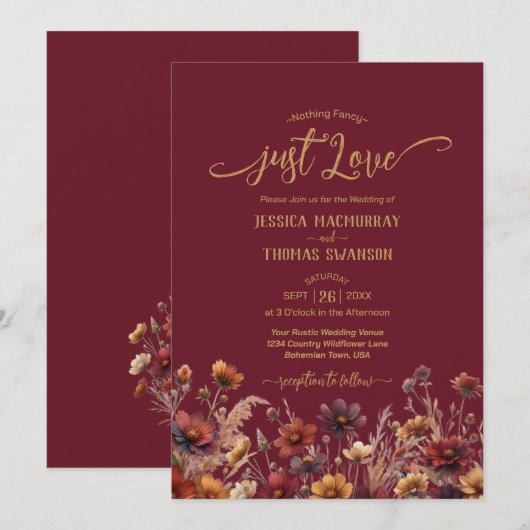 Just Love Rustic Burgundy Boho Wildflowers Wedding 招待状 (正面/裏面)
